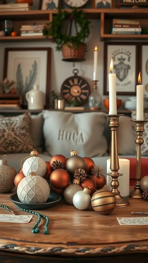 A cozy coffee table decorated with vintage holiday ornaments, candles, and natural elements.