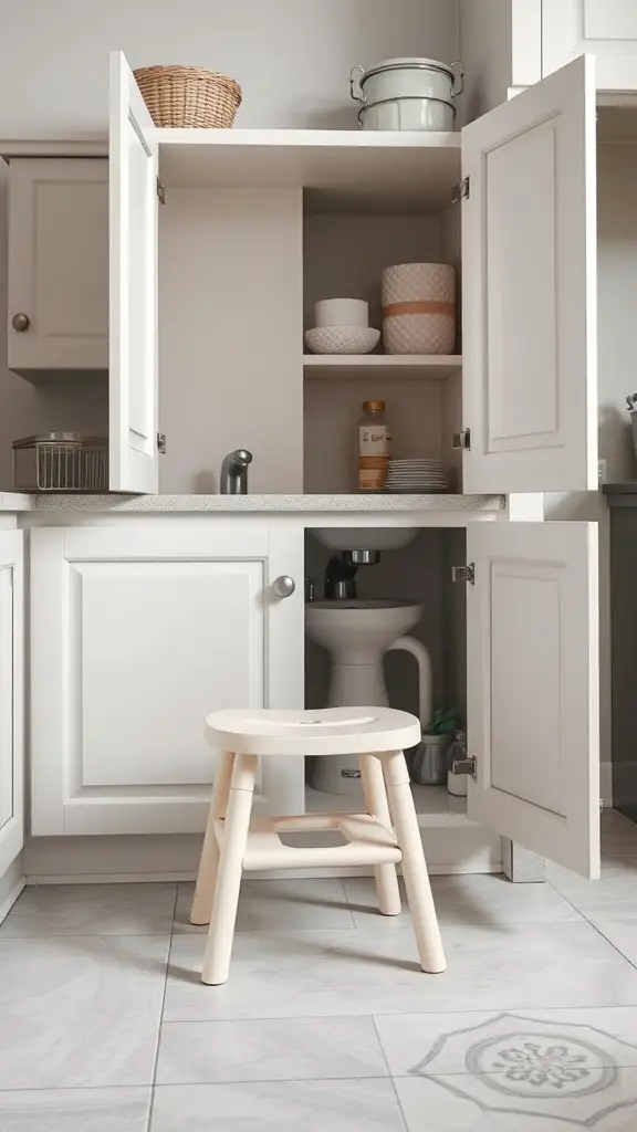 29+ Creative Bathroom Under Sink Organization Ideas You Need to Try 15 A light-colored step stool in front of a bathroom cabinet, showcasing organized storage.
