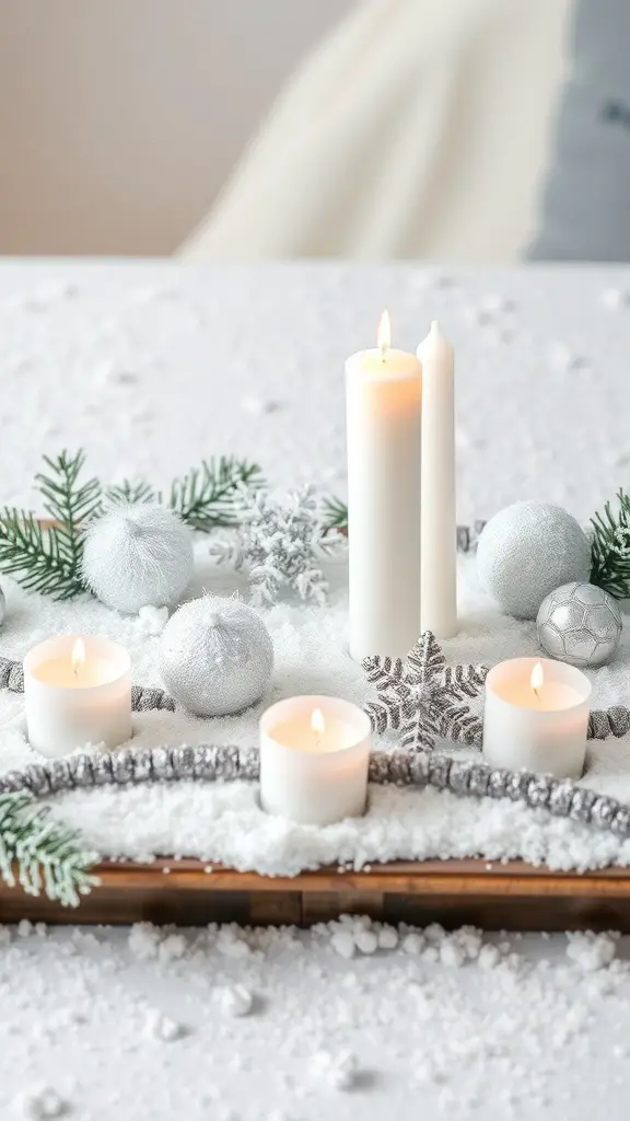 A winter-themed tray with white candles, silver ornaments, and evergreen sprigs on a snowy base.