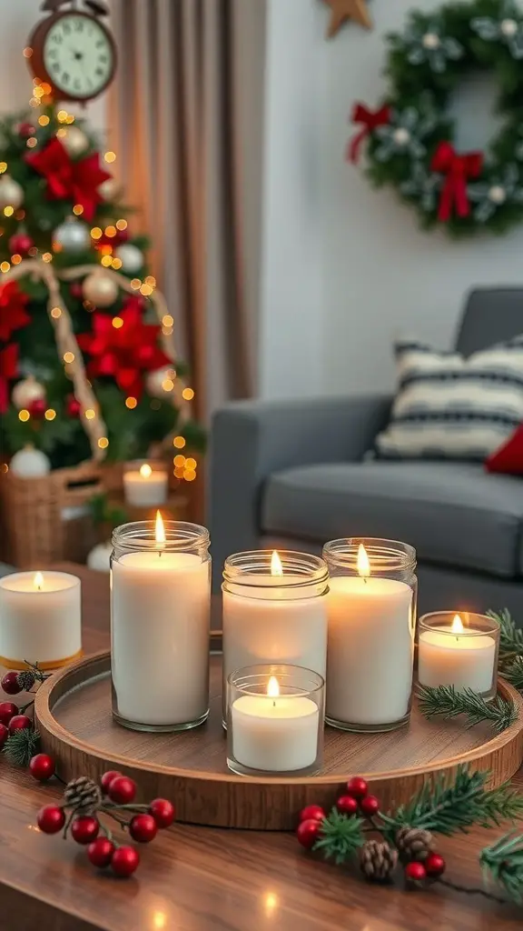 25+ Creative Christmas Coffee Table Decor Ideas to Elevate Your Holiday Style 14 A cozy Christmas scene with lit jar candles on a wooden tray, surrounded by festive decorations.