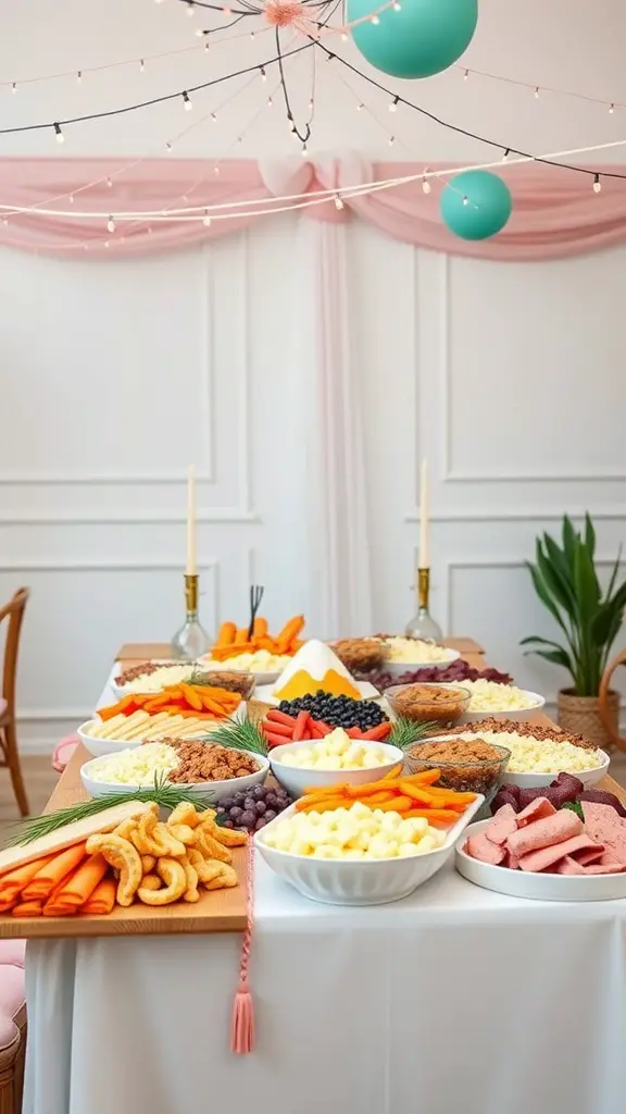 A beautifully arranged grazing table with various fruits, vegetables, cheeses, and meats, set for a gathering.