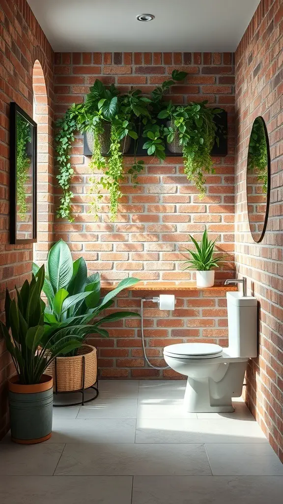 23+ Stunning Bathroom Brick Wall Accent Ideas You Need to Try 14 A bathroom with a brick wall, plants, and mirrors, creating an outdoor-inspired look.