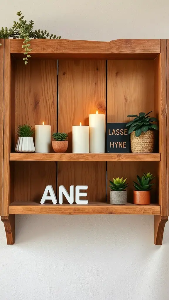 29+ Inspiring Boho Bathroom Shelf Decor Ideas to Transform Your Space 4 Rustic wooden shelves with candles and plants in a bathroom setting.