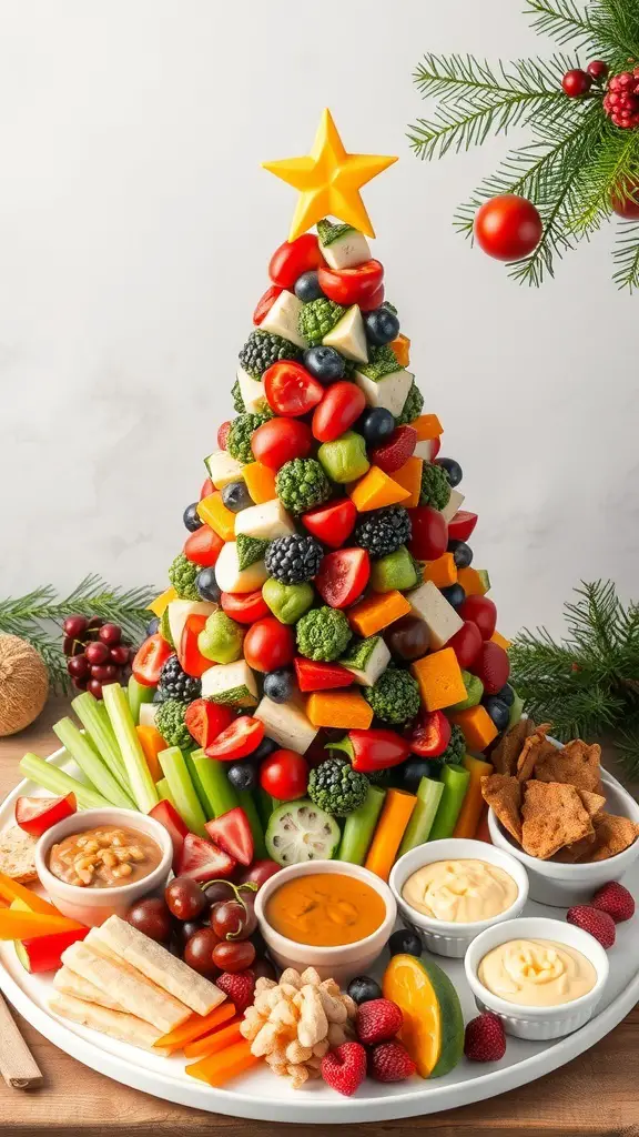 A festive Christmas tree veggie platter made with colorful vegetables and dips.