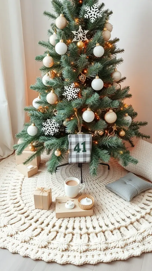 23+ Unique Christmas Tree Skirt Ideas for a Festive Touch 7 A cozy knitted tree skirt in cream color under a Christmas tree decorated with ornaments.