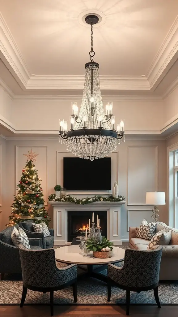 29+ Stunning Christmas Chandelier Ideas to Brighten Your Holidays 12 Chic black and white chandelier in a cozy holiday living room