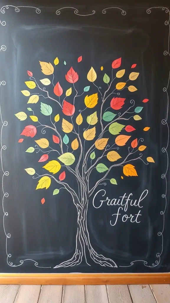 Chalkboard illustration of a gratitude tree with colorful leaves and the text 'Grateful Fort'.