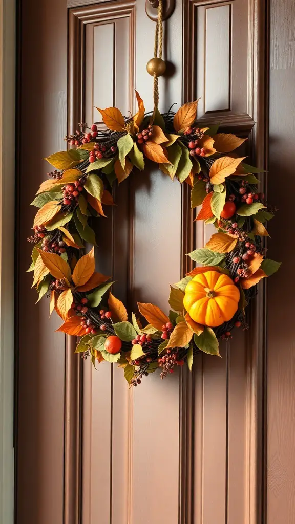 A beautiful Thanksgiving wreath with autumn leaves and a small pumpkin hanging on a door.