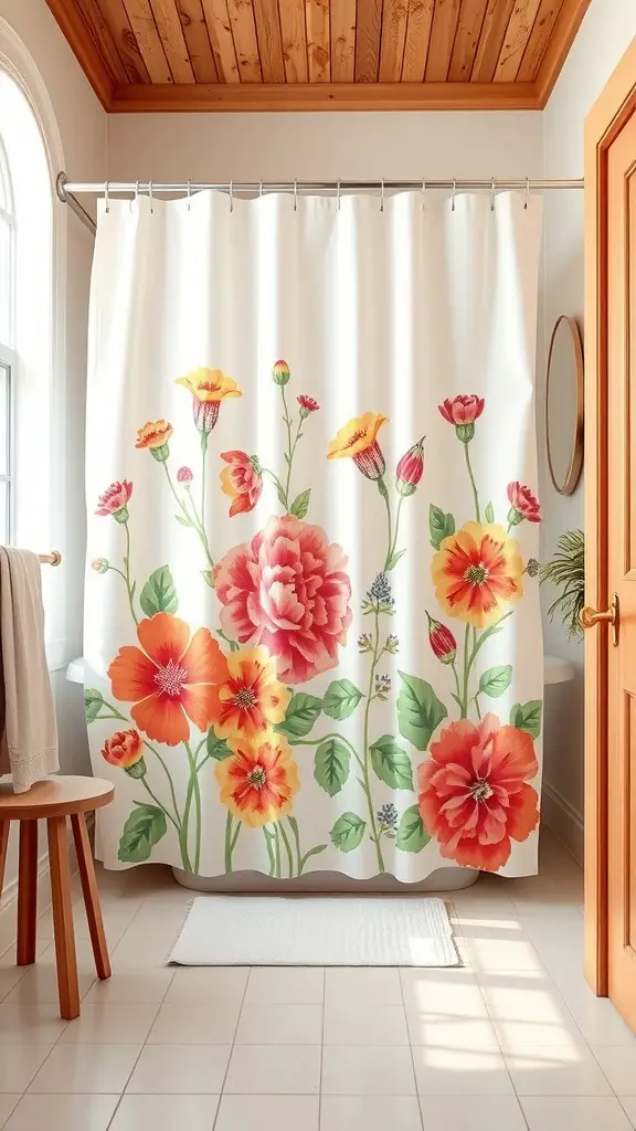 25+ Stunning Boho Shower Curtain Ideas for a Unique Bathroom Decor 4 A vibrant floral print shower curtain featuring colorful flowers in a bright bathroom setting.