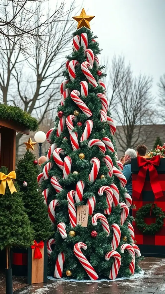 A giant Christmas tree decorated with candy canes and a star on top, surrounded by smaller evergreen trees.