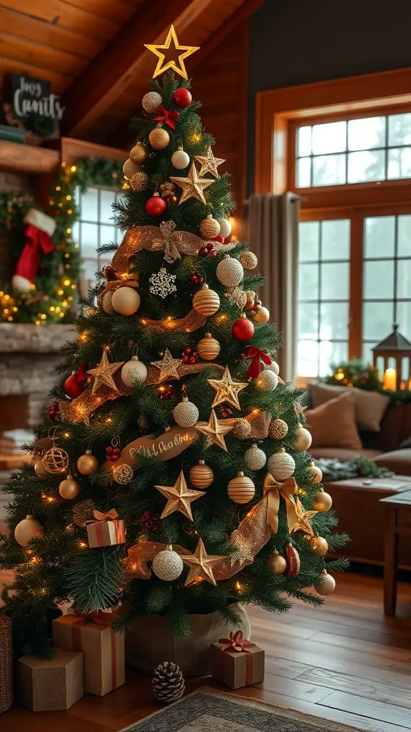 A beautifully decorated Christmas tree with rustic ornaments in a cozy cabin setting.