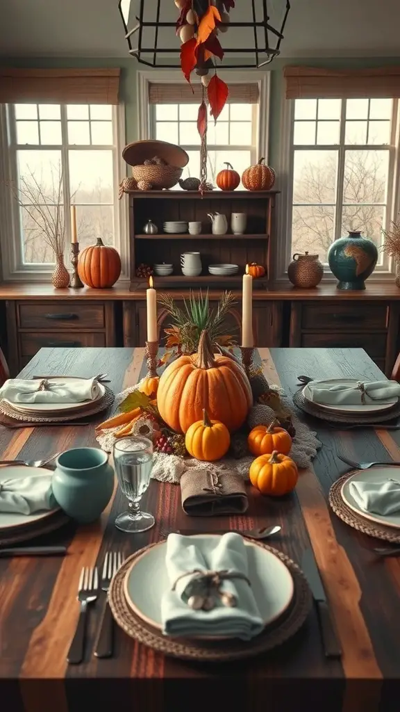 A beautifully set Thanksgiving dinner table with pumpkins, candles, and rustic decor.