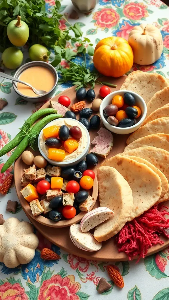 A Mediterranean Thanksgiving board featuring pita bread, hummus, olives, cherry tomatoes, and seasonal decorations.