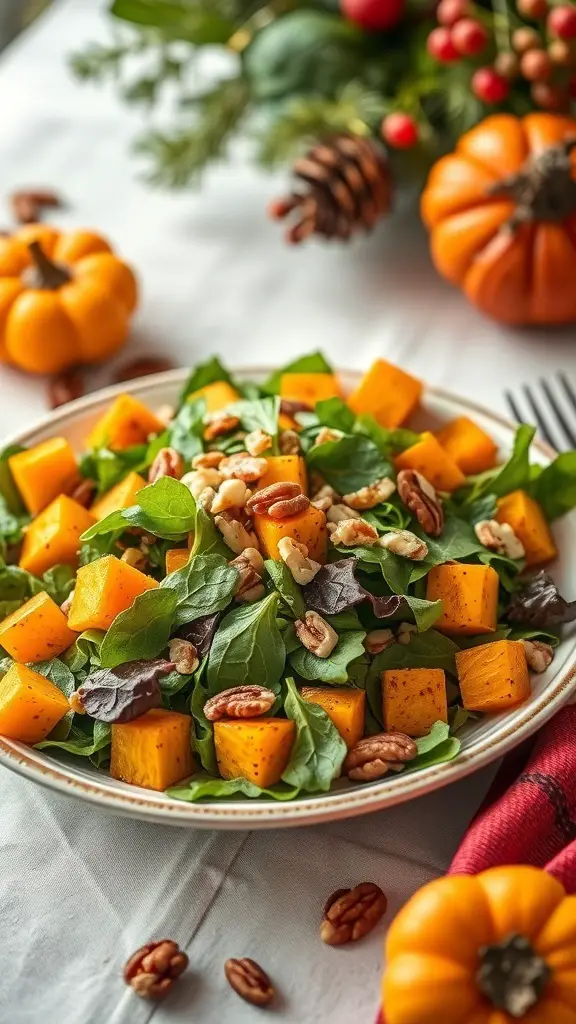 27+ Must-Have Dishes for the Ultimate Thanksgiving Spread 14 A vibrant roasted butternut squash salad with greens and pecans, surrounded by autumn decorations.