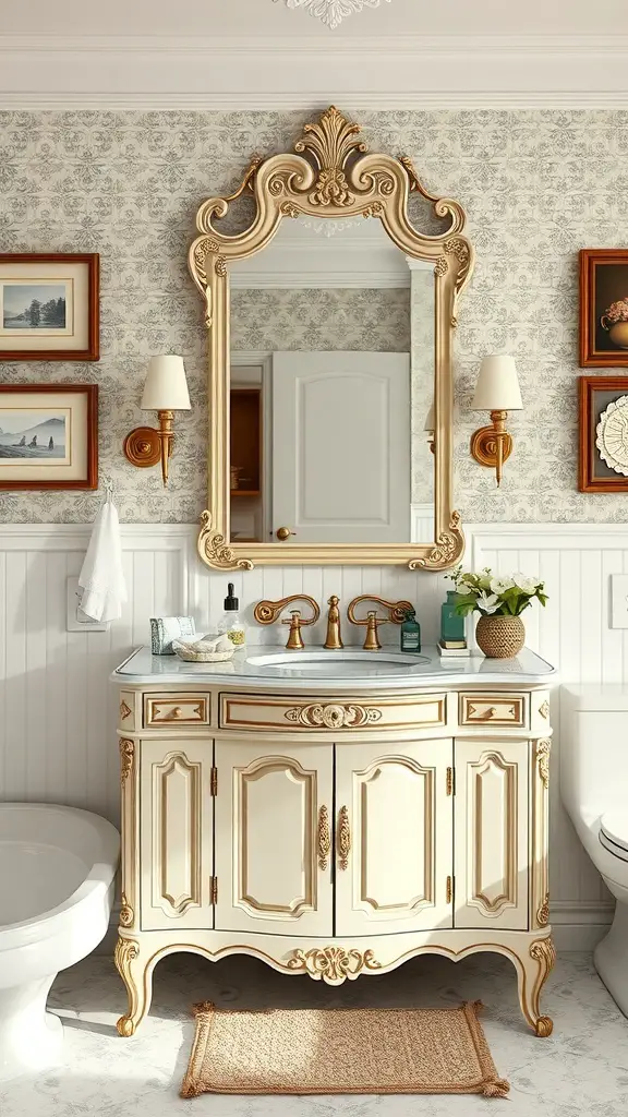 29+ Stunning Bathroom Vanity Ideas You’ll Love 4 A vintage-style bathroom vanity with ornate details, a large mirror, and gold accents.