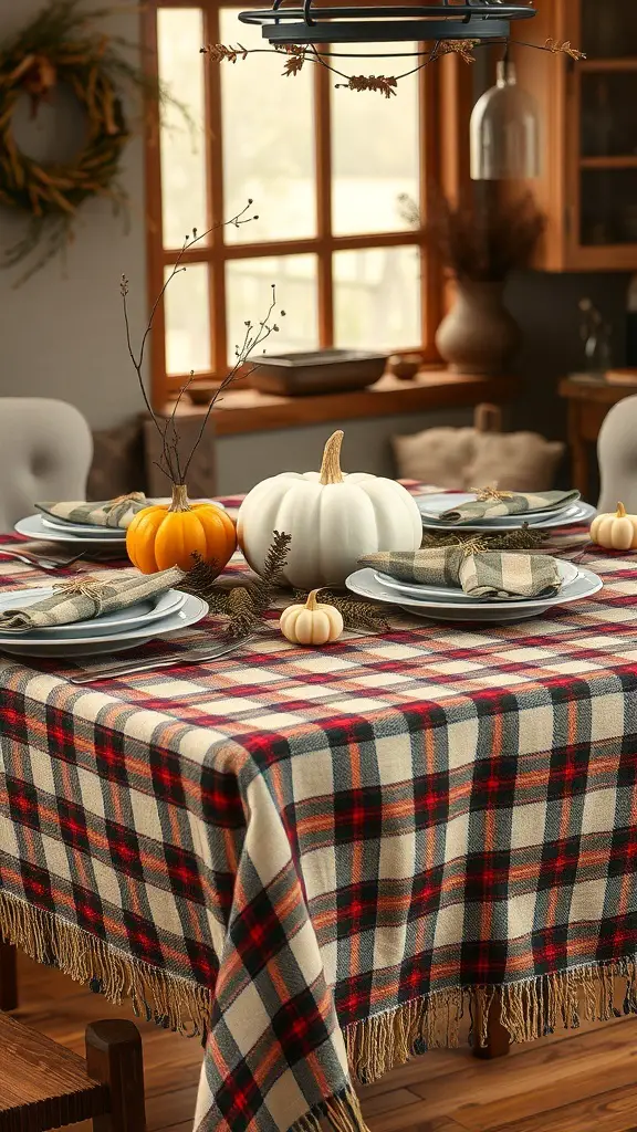 Thanksgiving table with plaid tablecloth, pumpkins, and natural accents