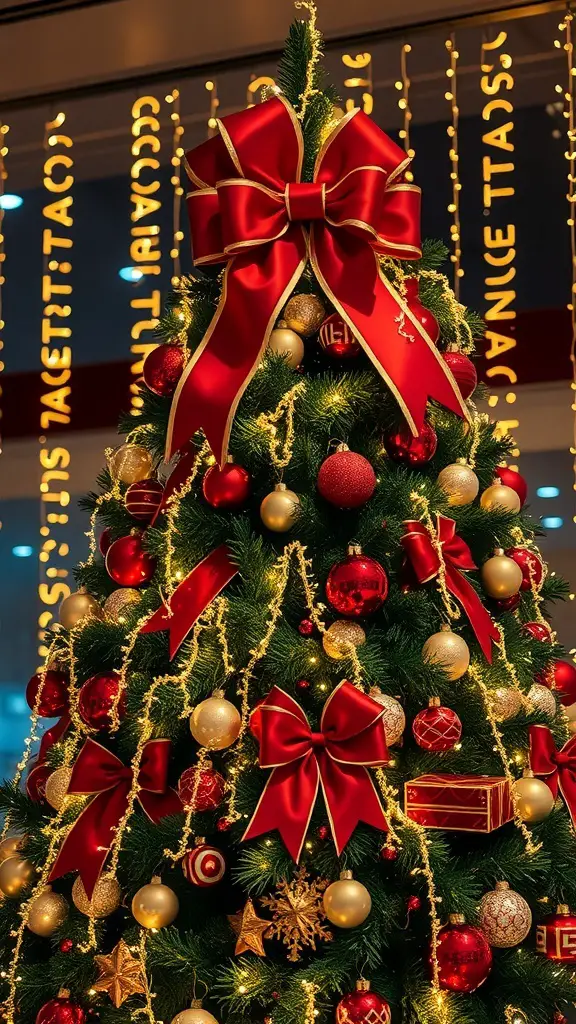 A beautifully decorated Christmas tree topped with a large red bow, adorned with red and gold ornaments and twinkling lights.