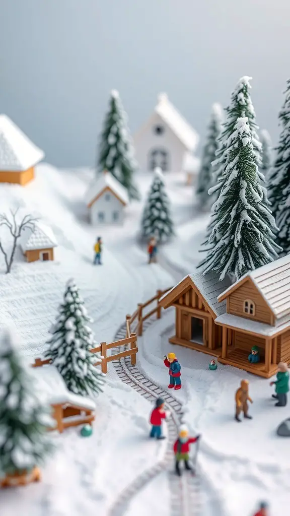 A winter scene diorama featuring miniature houses, trees, and figures in a snowy landscape.