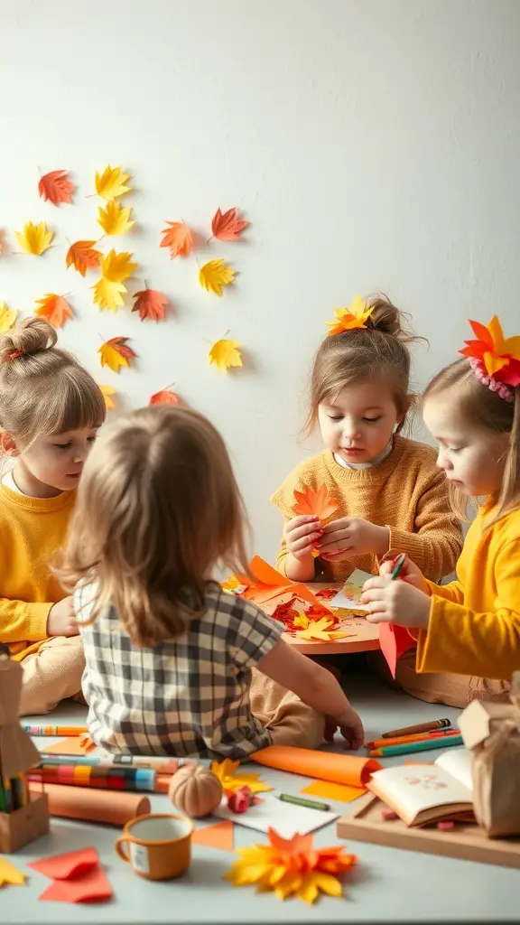 Children engaged in Thanksgiving crafts with colorful leaves and art supplies.