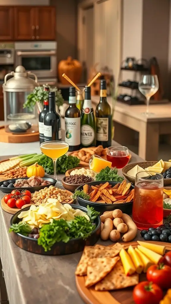 A beautifully arranged beverage pairing station with various drinks and snacks.