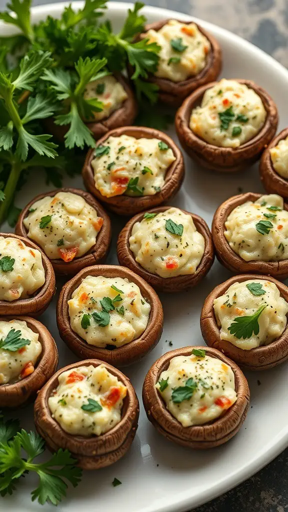 A plate of savory stuffed mushrooms garnished with herbs.