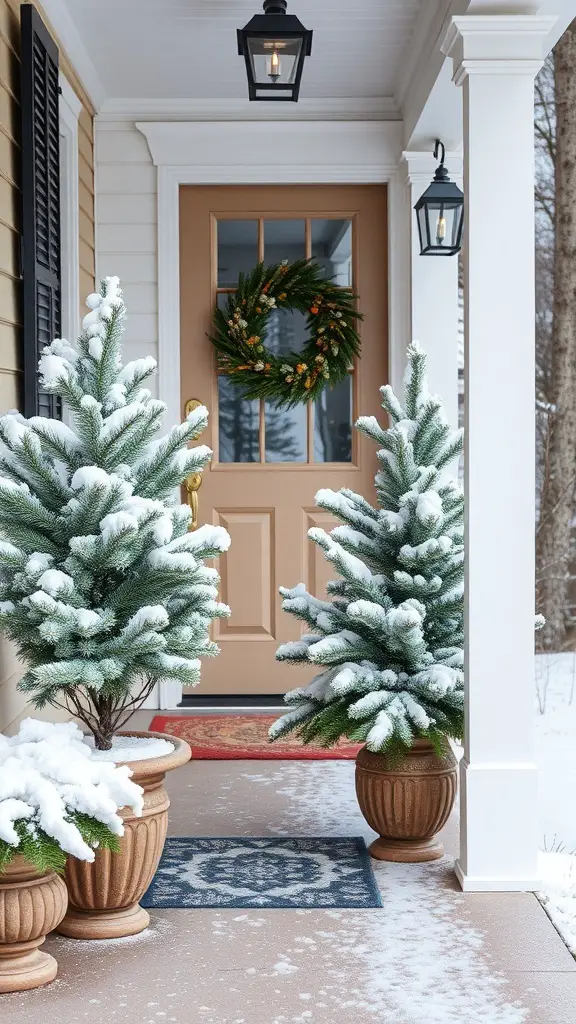 Snowy pine branch arrangements on a porch with a wreath on the door.