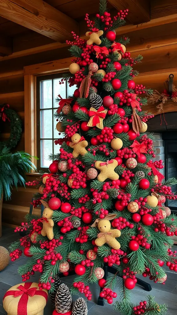 A nature-inspired red Christmas tree decorated with red ornaments, pine cones, and playful stuffed animals.