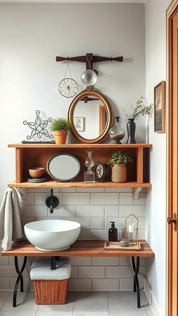 Rustic bathroom shelf with vintage mirrors and decorative items