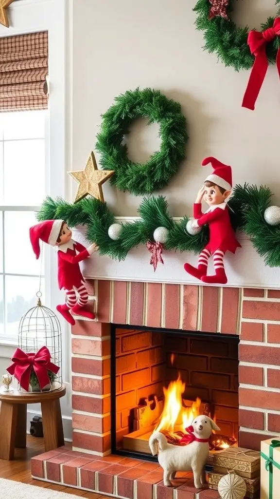 Three playful elf decorations on a shelf and fireplace, with a dog figure and Christmas presents.