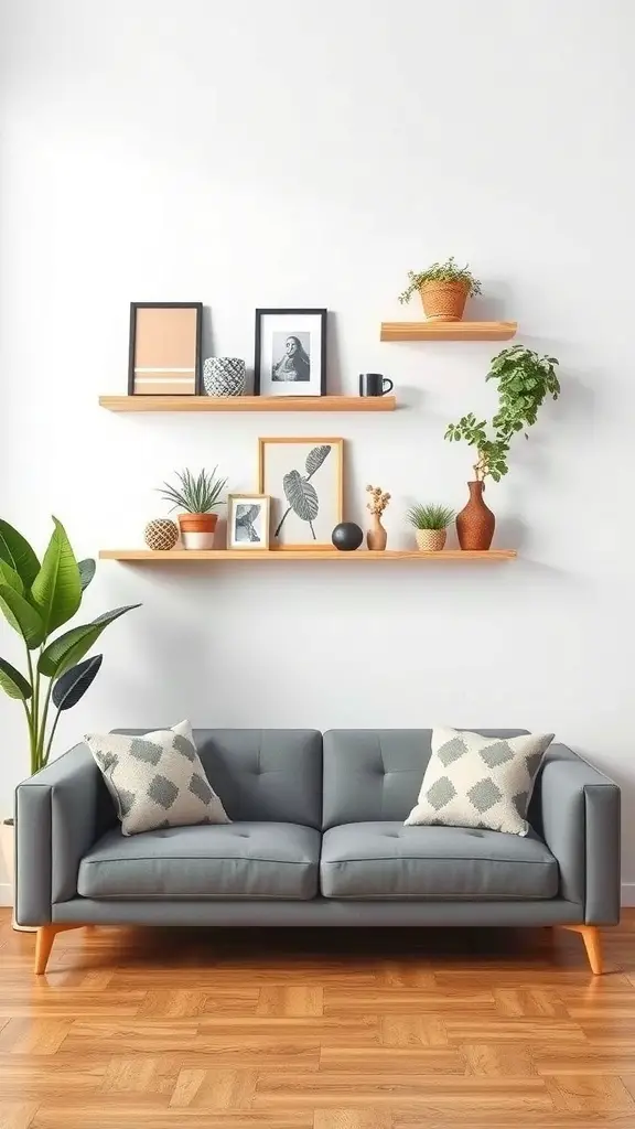 23+ Creative Above Sofa Wall Decor Ideas to Transform Your Space 9 Floating shelves with decorative items above a sofa