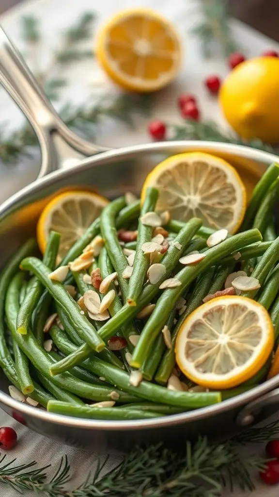 25+ Delicious Thanksgiving Dinner Ideas You Need to Try 5 A pan of green beans with sliced almonds and lemon slices, garnished with fresh herbs.
