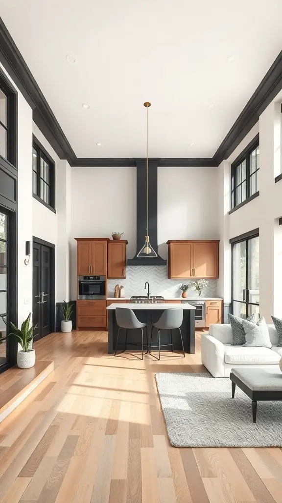 A modern open space with light walls and dark trim featuring a kitchen and living area.