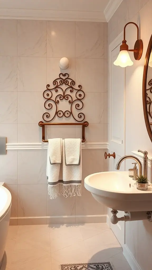 23+ Stylish Bathroom Towel Rack Ideas You’ll Love 16 Decorative towel rack with intricate design in a stylish bathroom