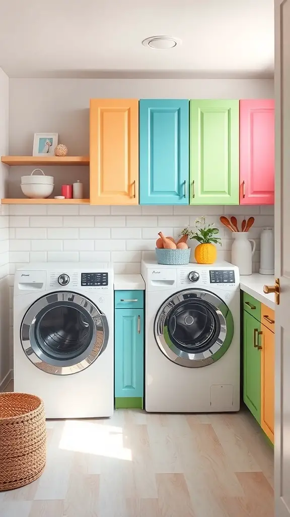 25+ Stunning Laundry Room Cabinet Ideas for a Chic and Organized Space 6 Brightly colored laundry room cabinets in orange, blue, green, and pink above white washing machines.