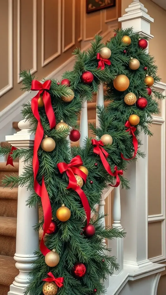 25+ Christmas Entryway Decor Ideas to Transform Your Home 8 A beautifully decorated staircase garland with red and gold ornaments and ribbons.