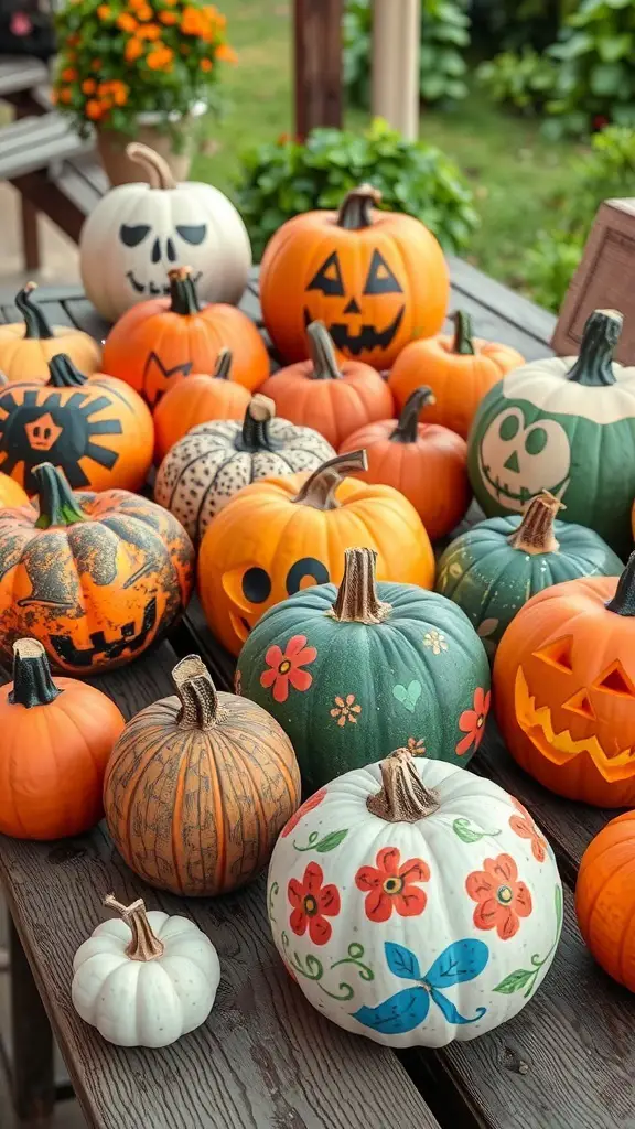 29+ Creative Thanksgiving Party Ideas to Celebrate in Style 8 A variety of creatively decorated pumpkins in different colors and designs on a wooden table.