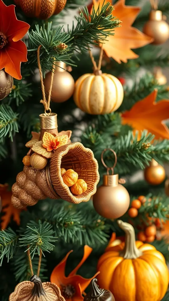 A close-up of a Christmas tree adorned with harvest-themed ornaments, including a cornucopia, pumpkins, and autumn leaves.