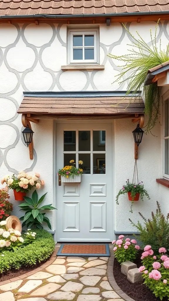 A charming cottage entrance with a light blue door, flower pots, and a stone pathway.