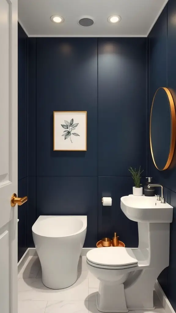 29+ Stunning Blue Bathroom Ideas You’ll Love 5 A modern bathroom featuring a bold navy accent wall with white fixtures and gold accents.