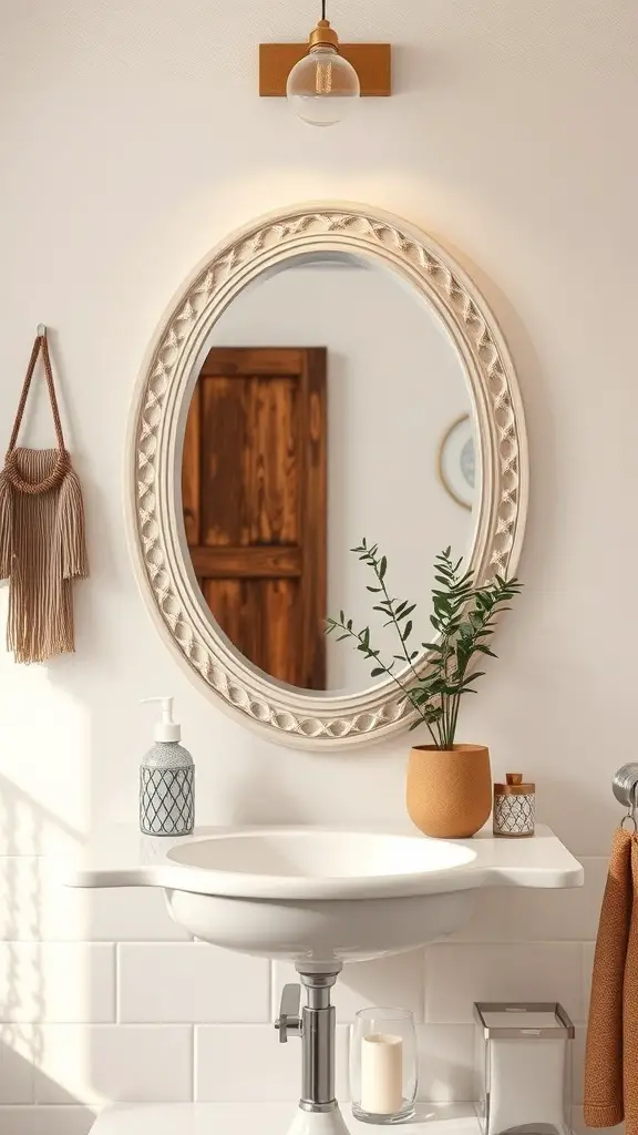 29+ Inspiring Boho Bathroom Shelf Decor Ideas to Transform Your Space 14 A round decorative mirror with a textured frame above a sink in a boho bathroom, complemented by warm lighting and a small plant.