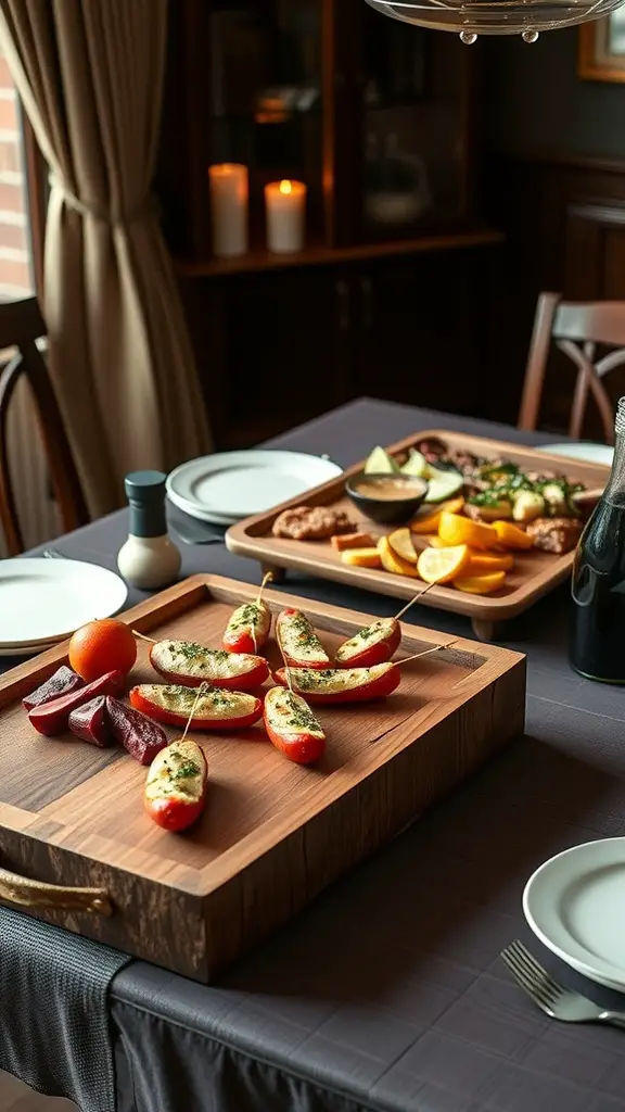 A wooden serving tray filled with snacks and fruits on a dining table.