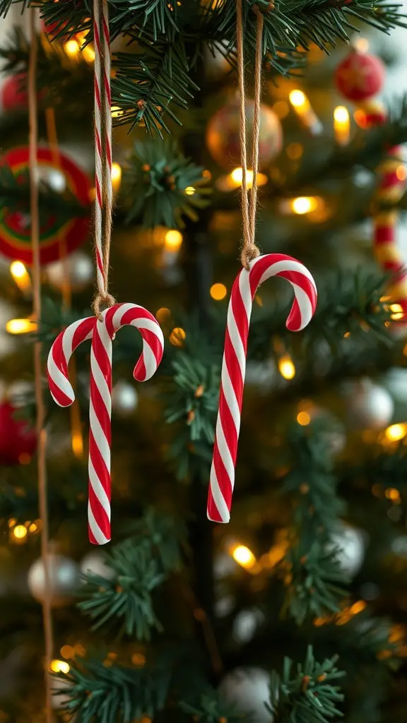 Two candy cane ornaments hanging on a Christmas tree
