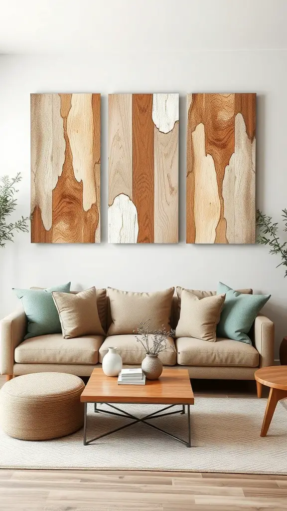 Three decorative wooden panels arranged on a wall above a cozy sofa.