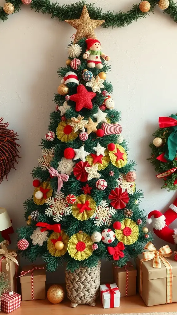 29+ Creative Wall Christmas Tree Ideas for a Festive Holiday Display 14 A colorful fabric scrap Christmas tree decorated with various fabric shapes and ornaments.