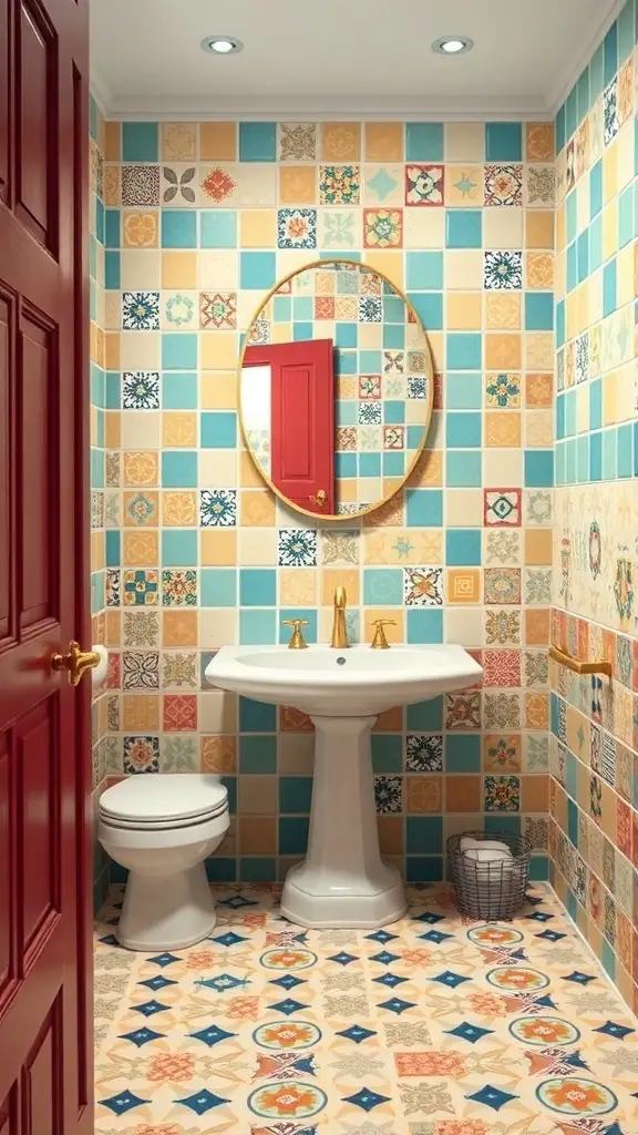 A colorful bathroom with mixed tile patterns on the walls and floor, featuring a round mirror and a red door.
