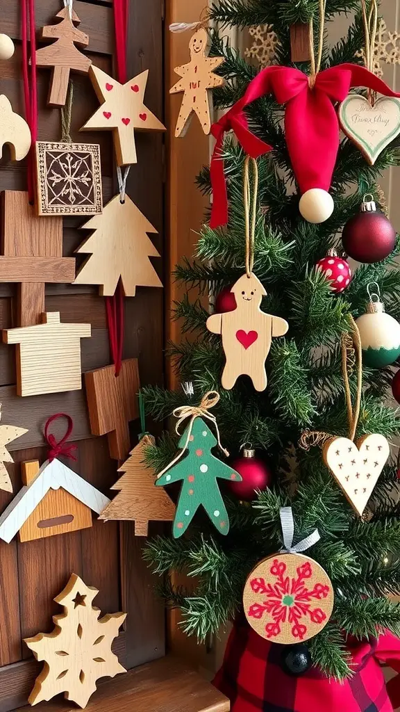 A variety of DIY ornaments hanging on a Christmas tree, showcasing unique designs and colors.