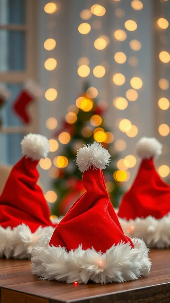 A collection of red Santa hats with white trim on a wooden table, with a festive background of Christmas lights and a tree.