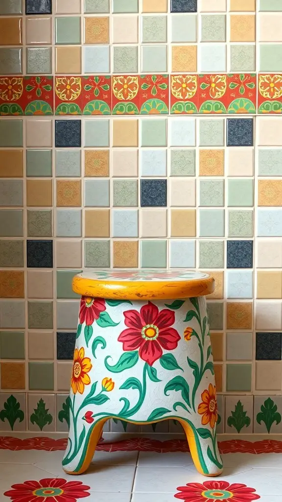 27+ Chic Bathroom Stool Styling Ideas to Elevate Your Space 3 Colorful painted stool with floral designs in a bathroom setting