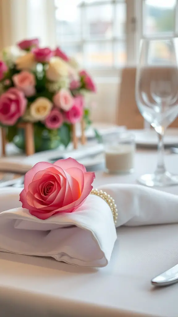 A beautifully folded napkin shaped like a rose, placed on a table with a floral centerpiece.