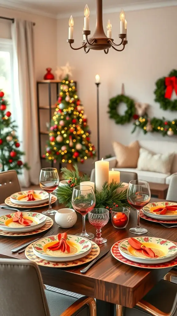 25+ Creative Christmas Decor Ideas for Your Living Room 10 A festive holiday table setting with colorful plates, glassware, and a warm centerpiece.